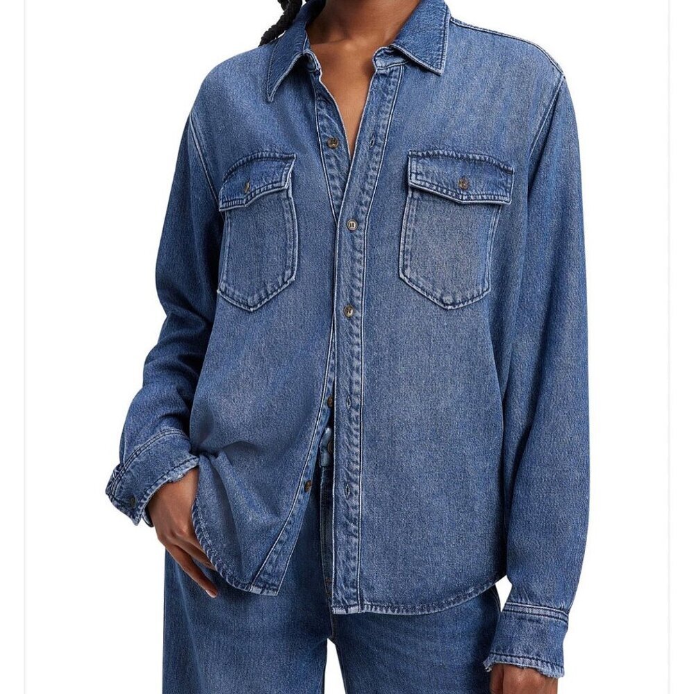 Good American denim/jean shirt button up heavy weight shacket SZ LG (3) chambray